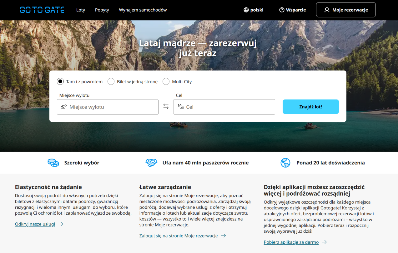 Zrzut ekranu polskiej wersji wyszukiwarki tanich lotów Gotogate (gotogate.pl) — pozycja 18 w rankingu RankingLotów.pl 2026: Globalny agent OTA z szerokim wyborem linii i elastycznymi opcjami biletów.