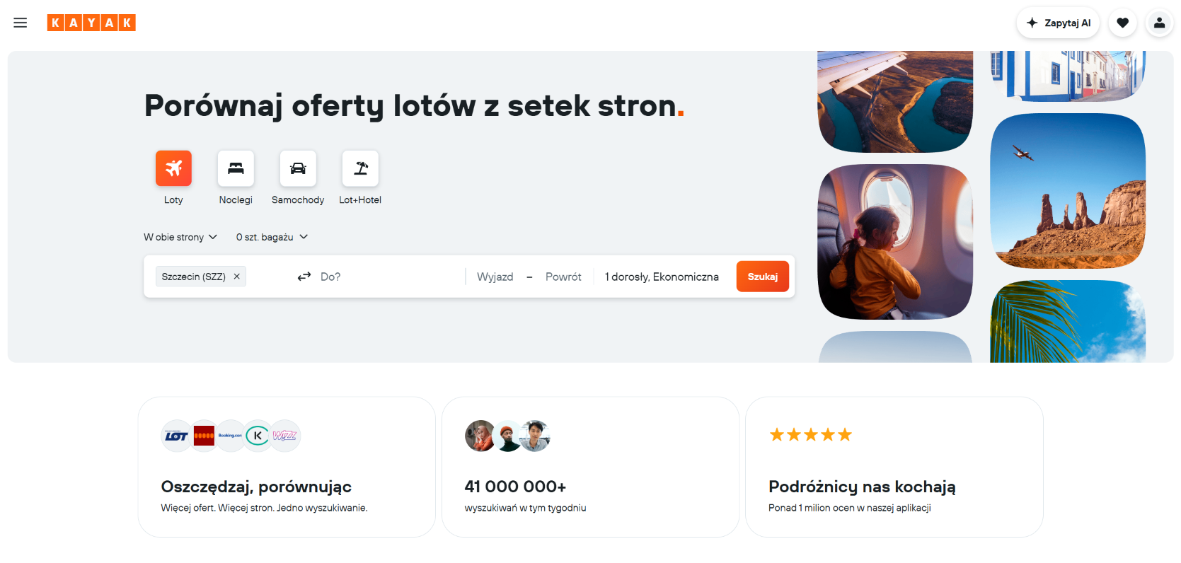 Zrzut ekranu polskiej wersji wyszukiwarki tanich lotów Kayak (kayak.pl) — pozycja 5 w rankingu RankingLotów.pl 2026: Meta-wyszukiwarka z elastycznymi datami i prognozami cen.